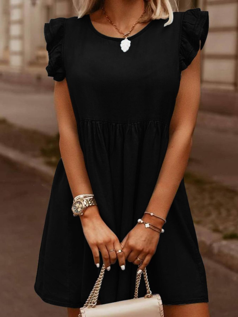 Full Size Ruffled Round Neck Cap Sleeve Denim Dress - Denim Dress