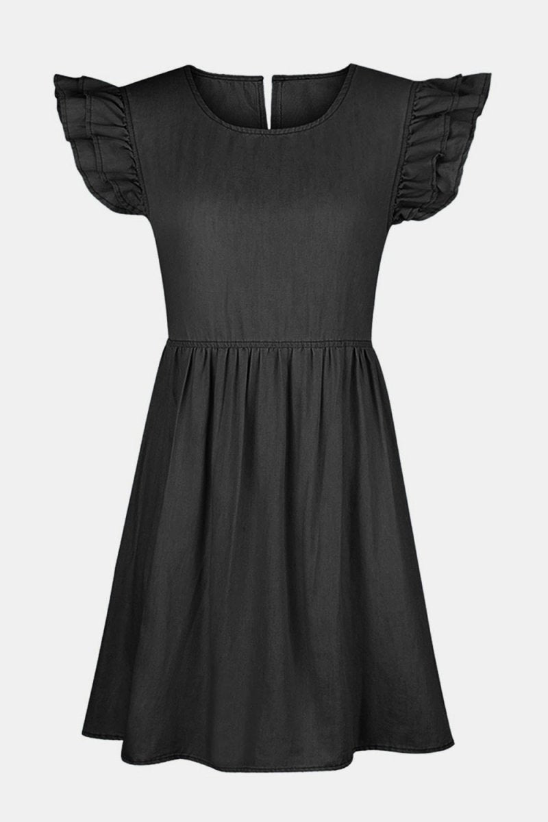 Full Size Ruffled Round Neck Cap Sleeve Denim Dress - Denim Dress