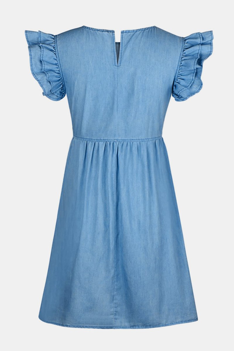 Full Size Ruffled Round Neck Cap Sleeve Denim Dress - Denim Dress
