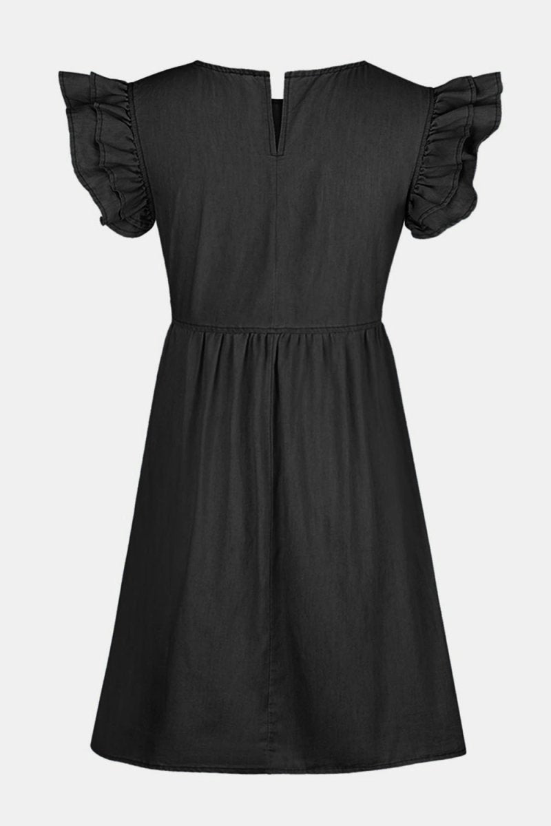 Full Size Ruffled Round Neck Cap Sleeve Denim Dress - Denim Dress