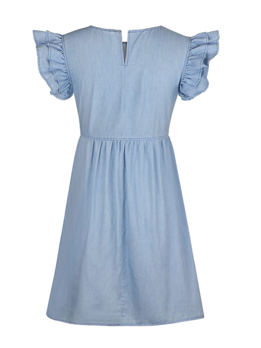 Full Size Ruffled Round Neck Cap Sleeve Denim Dress - Denim Dress