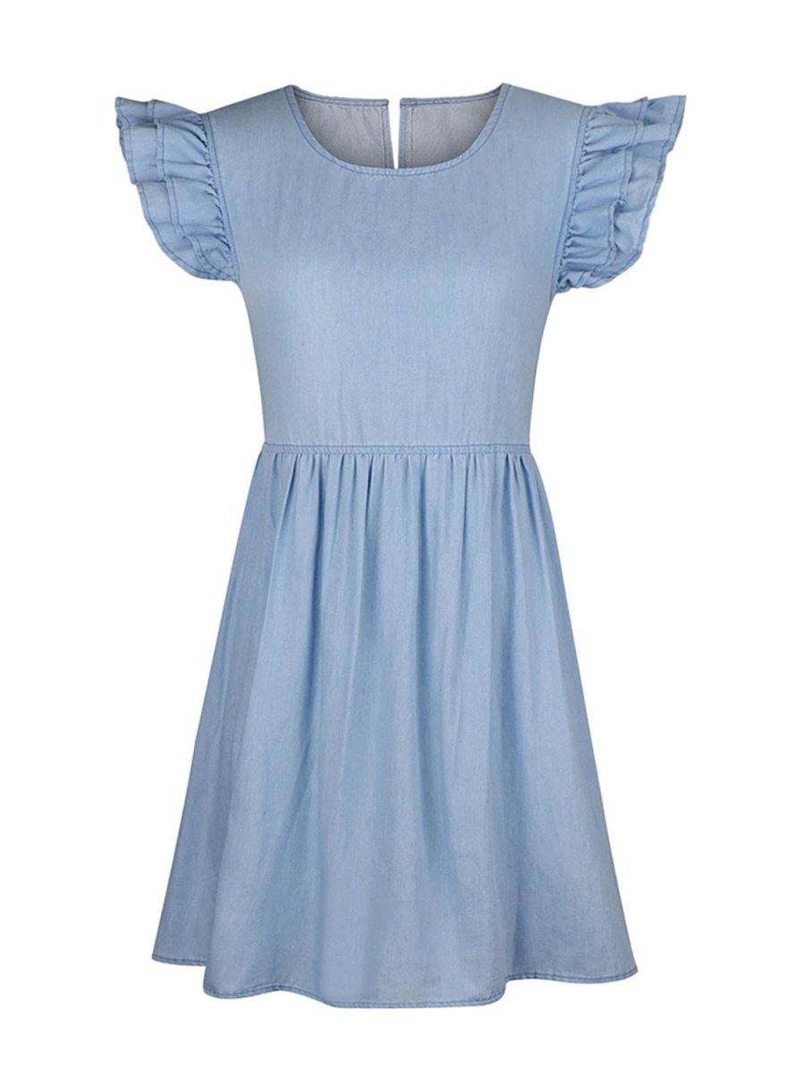 Full Size Ruffled Round Neck Cap Sleeve Denim Dress - Denim Dress