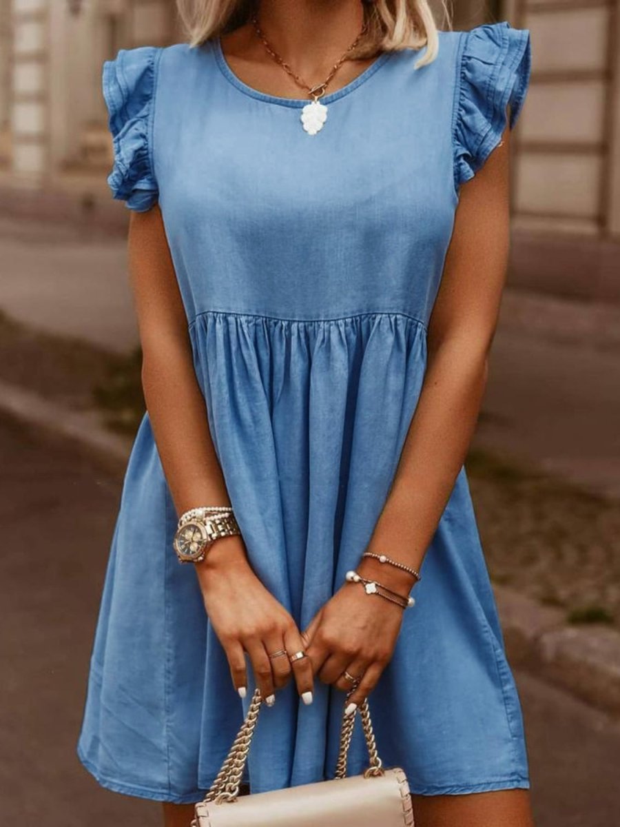 Full Size Ruffled Round Neck Cap Sleeve Denim Dress - Denim Dress