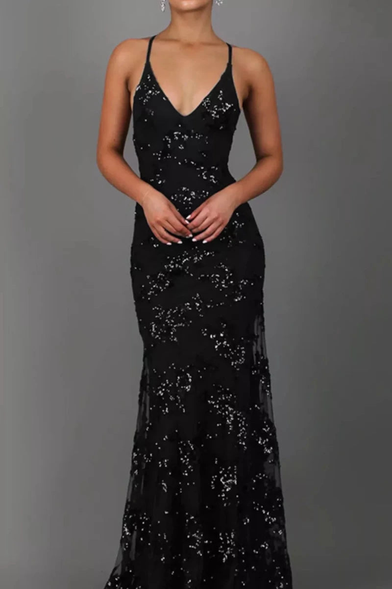 Full Size Sequin Tie Back V - Neck Maxi Dress Plus Size - 