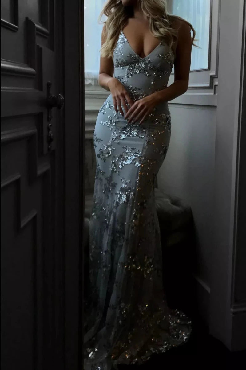 Full Size Sequin Tie Back V - Neck Maxi Dress Plus Size - 