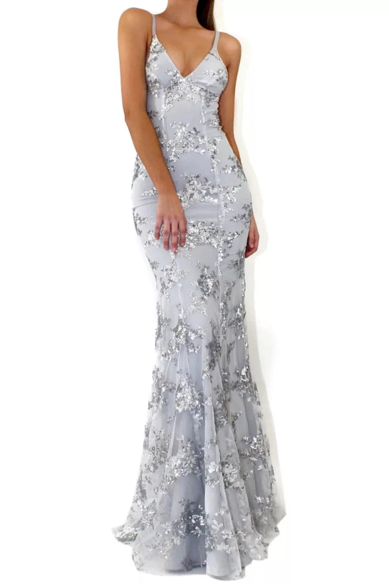 Full Size Sequin Tie Back V - Neck Maxi Dress Plus Size - 
