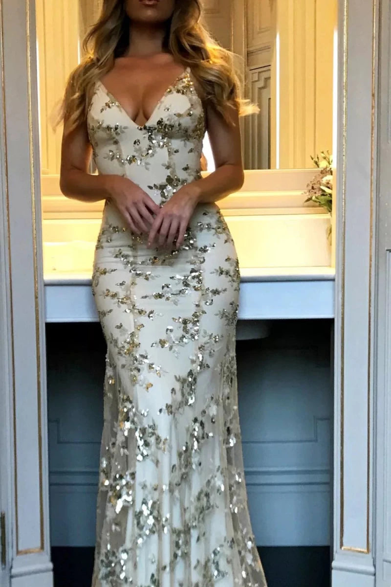 Full Size Sequin Tie Back V - Neck Maxi Dress Plus Size - 