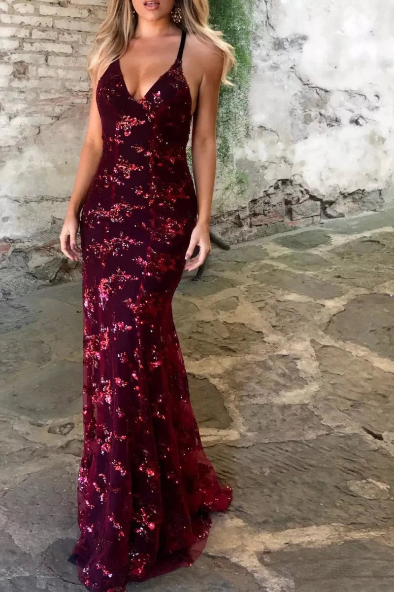 Full Size Sequin Tie Back V - Neck Maxi Dress Plus Size - 