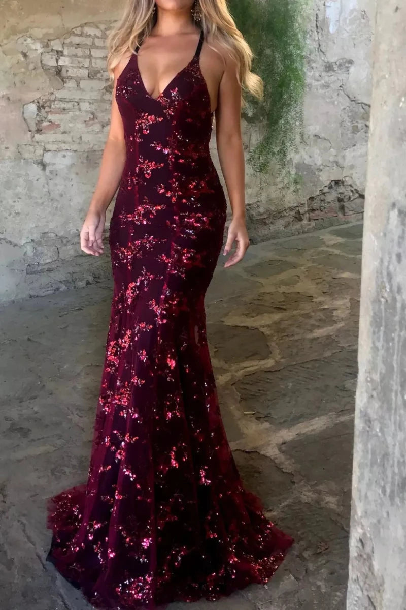 Full Size Sequin Tie Back V - Neck Maxi Dress Plus Size - 