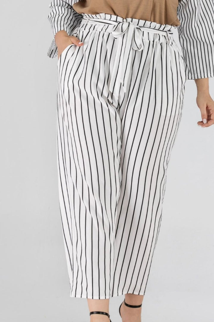 Full Size Striped Paperbag Waist Cropped Pants - Bottoms