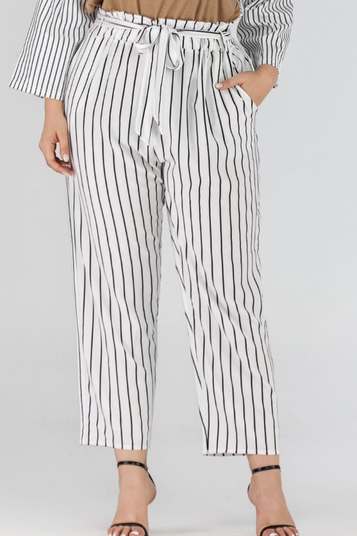 Full Size Striped Paperbag Waist Cropped Pants - Bottoms