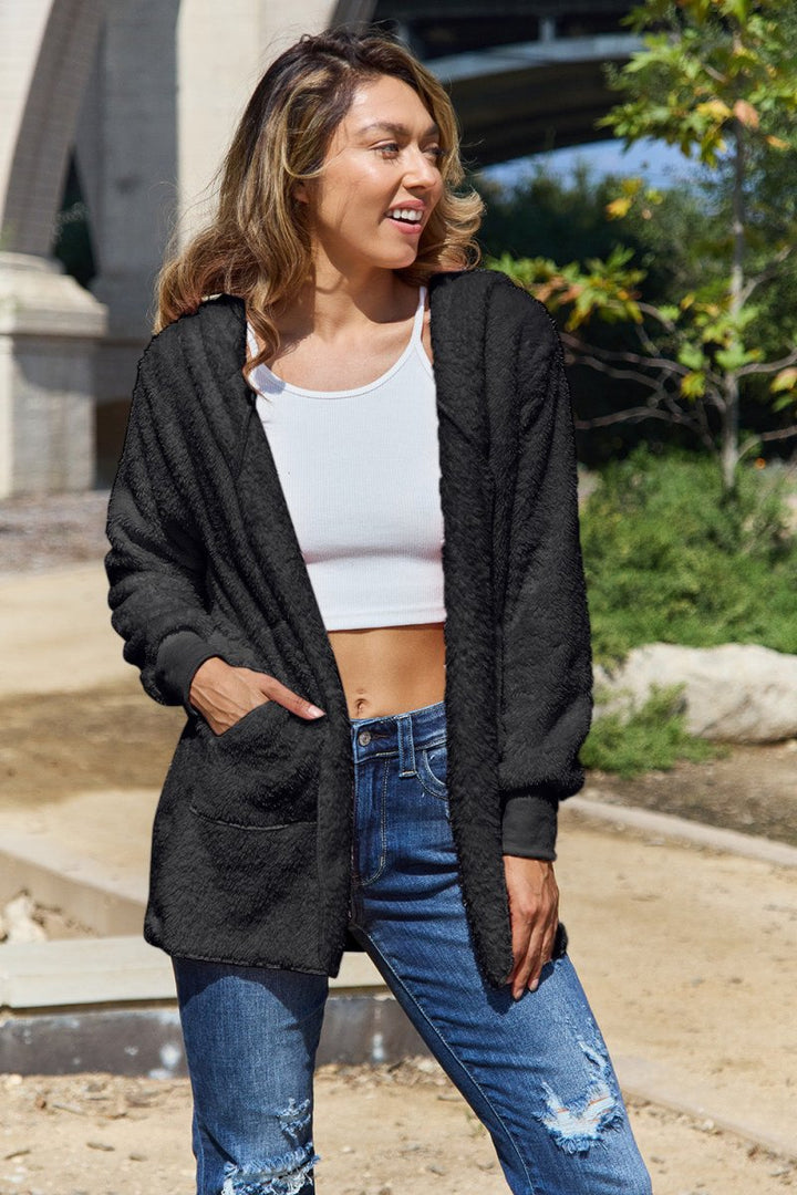 Full Size Teddy Hooded Jacket with Pockets - Outerwear