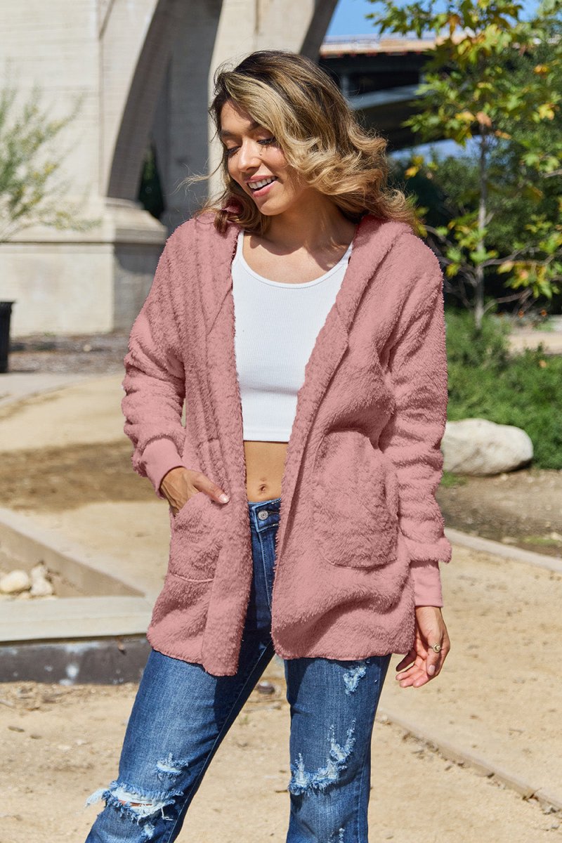 Full Size Teddy Hooded Jacket with Pockets - Outerwear