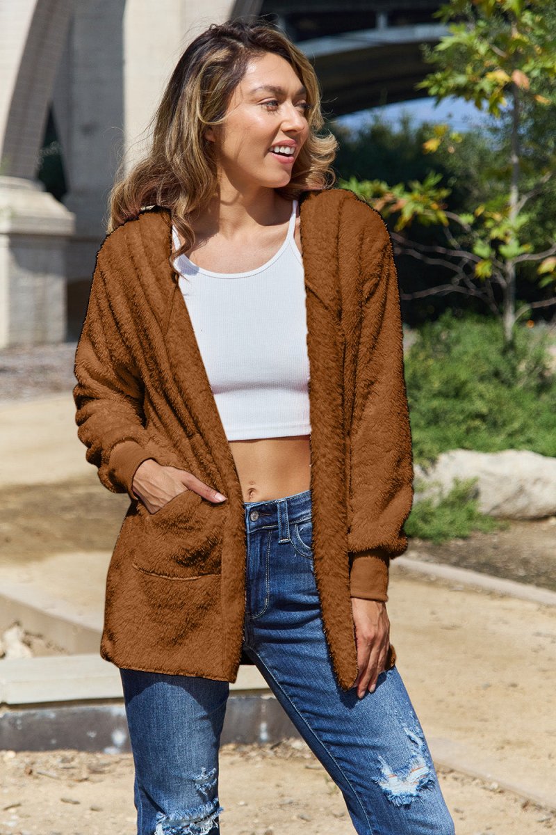 Full Size Teddy Hooded Jacket with Pockets - Outerwear
