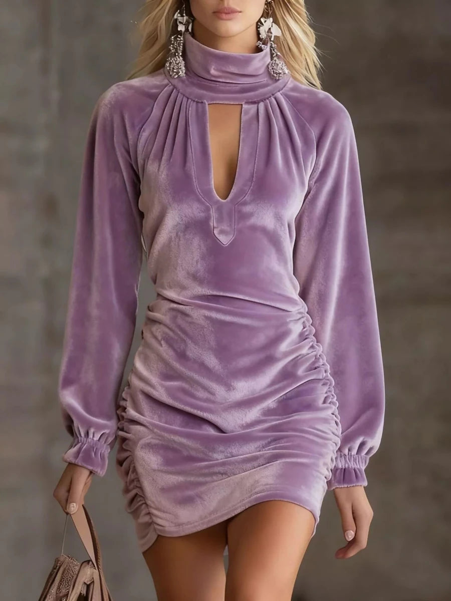 Full Size Velvet Ruched Flounce Sleeve Mini Dress Plus Size - 