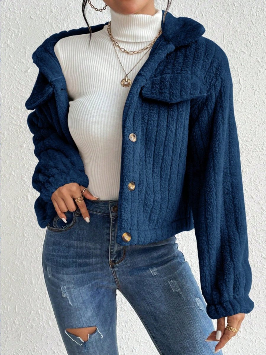 Fuzzy Button Up Collared Neck Jacket - Outerwear