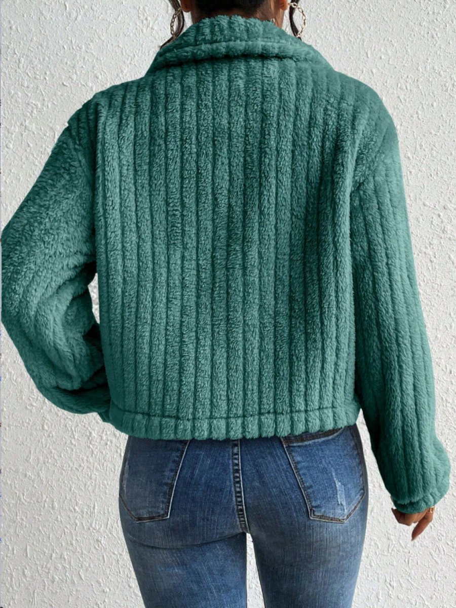 Fuzzy Button Up Collared Neck Jacket - Outerwear
