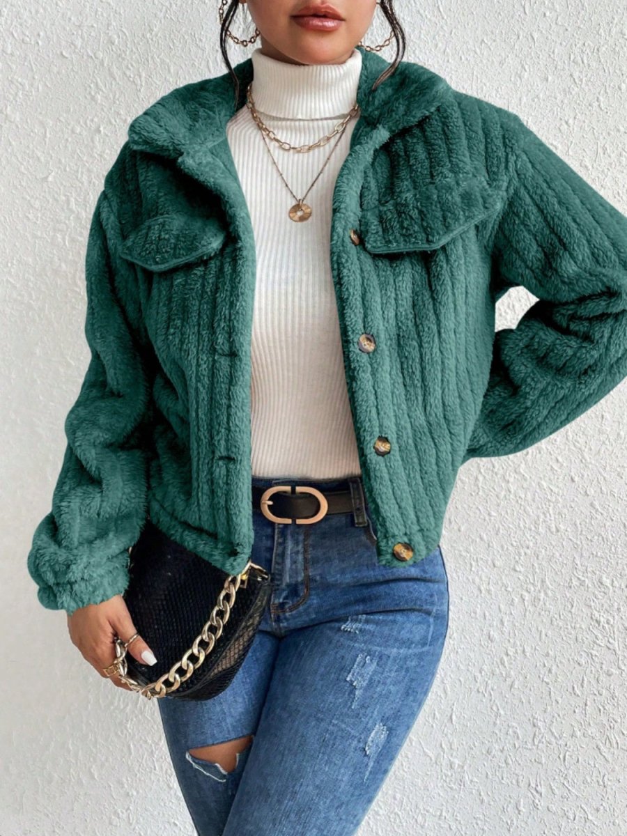 Fuzzy Button Up Collared Neck Jacket - Outerwear