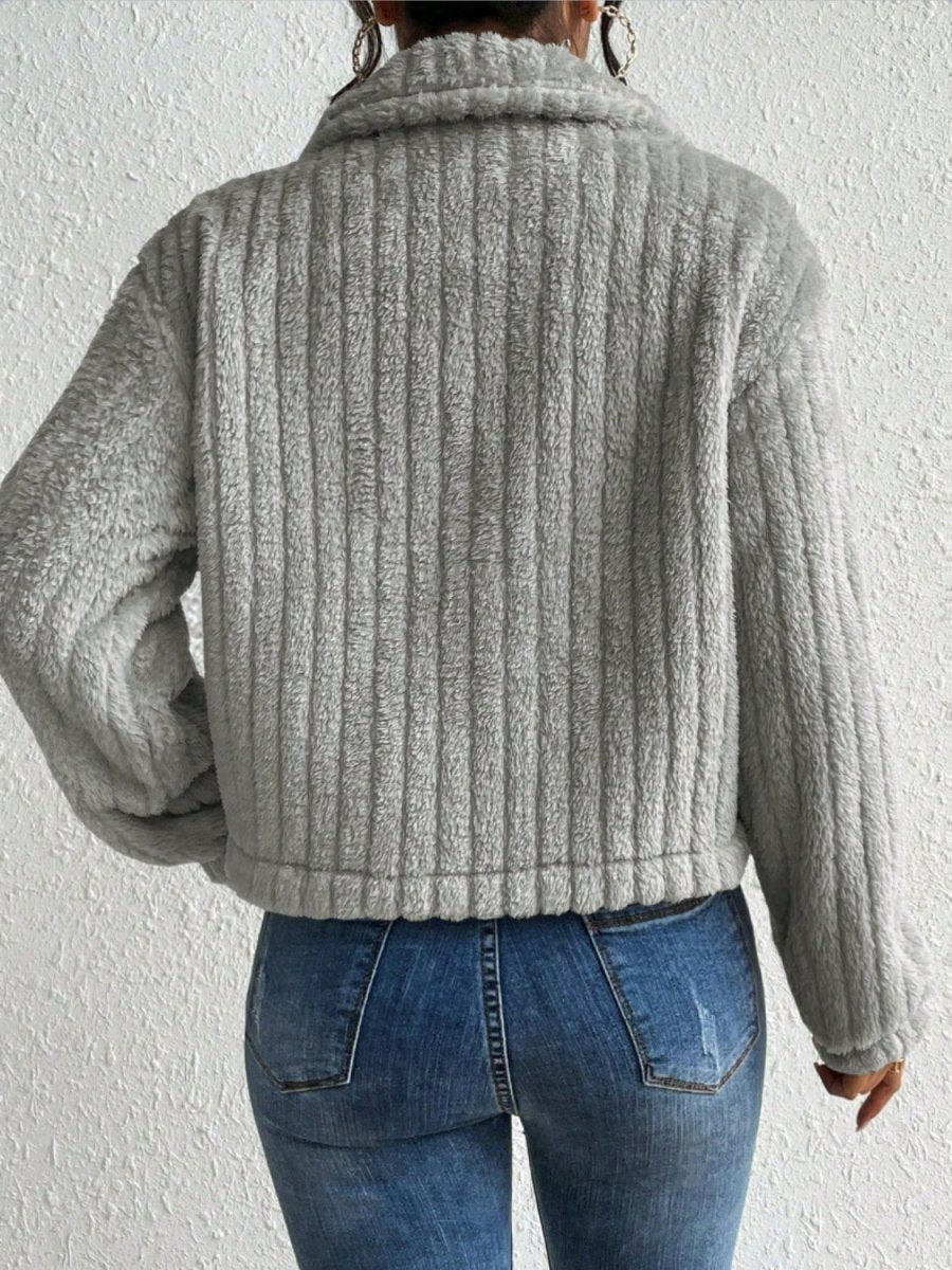 Fuzzy Button Up Collared Neck Jacket - Outerwear
