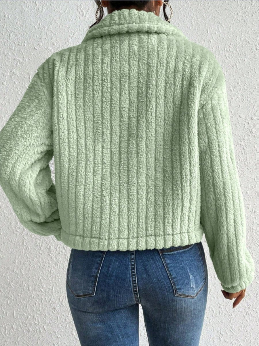 Fuzzy Button Up Collared Neck Jacket - Outerwear