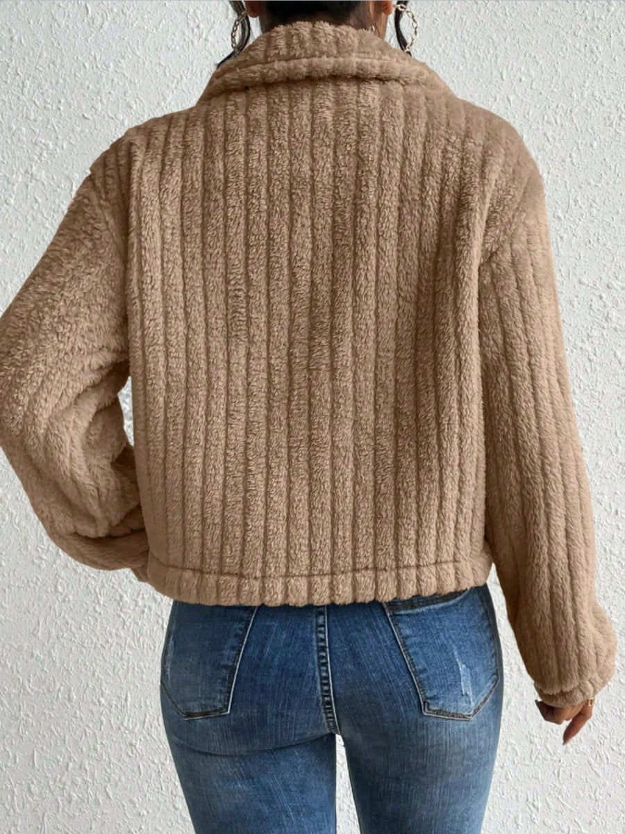 Fuzzy Button Up Collared Neck Jacket - Outerwear