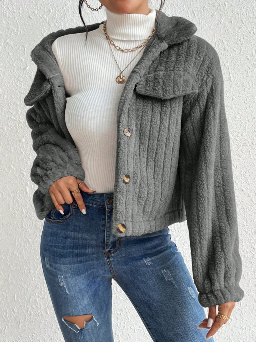Fuzzy Button Up Collared Neck Jacket - Outerwear