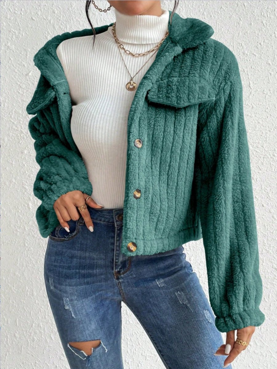 Fuzzy Button Up Collared Neck Jacket - Outerwear