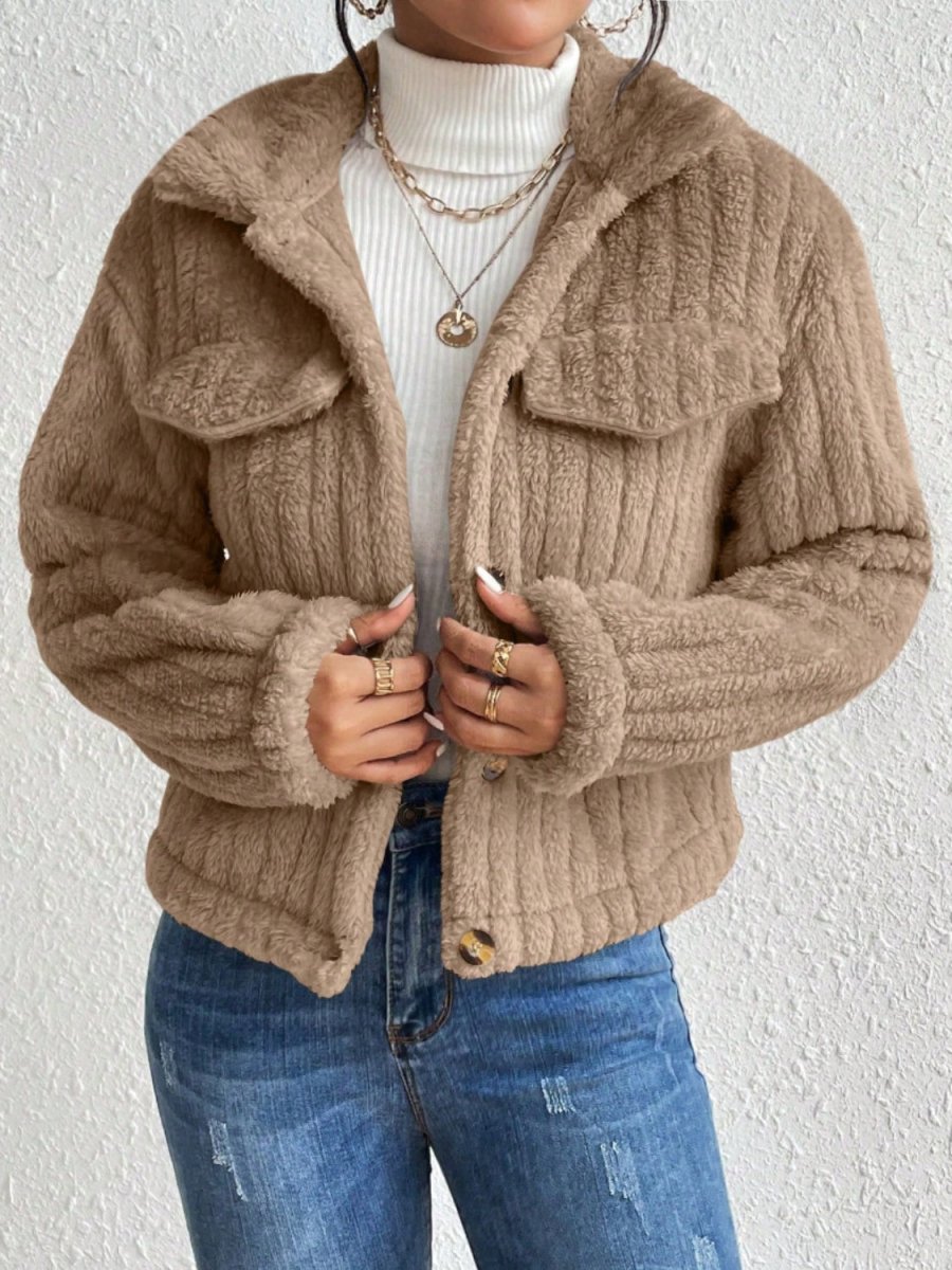 Fuzzy Button Up Collared Neck Jacket - Outerwear