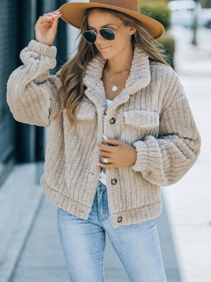 Fuzzy Button Up Collared Neck Jacket - Outerwear