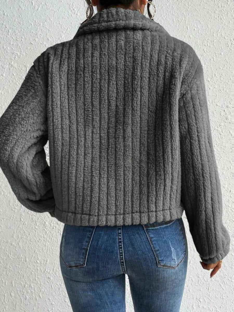 Fuzzy Button Up Collared Neck Jacket - Outerwear