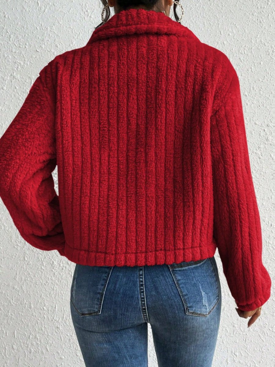 Fuzzy Button Up Collared Neck Jacket - Outerwear