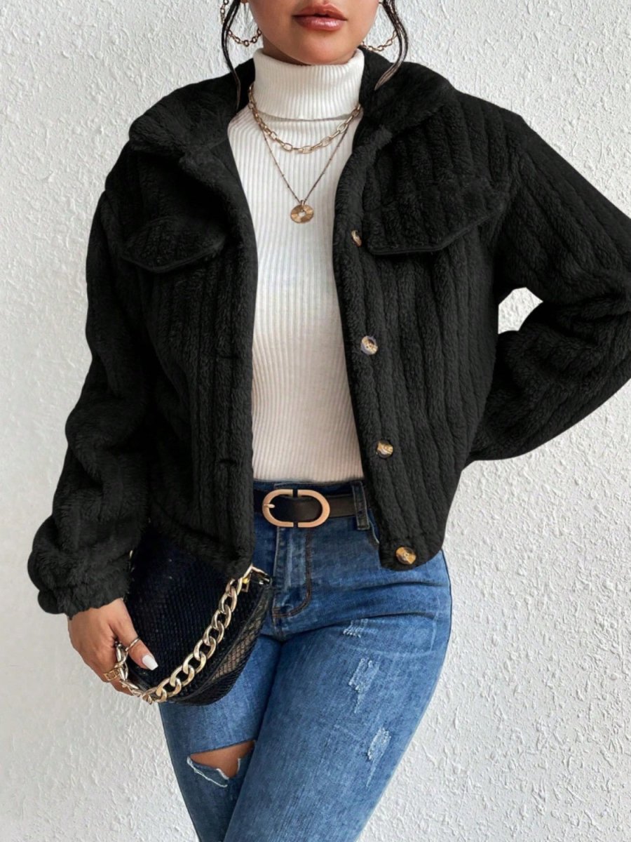 Fuzzy Button Up Collared Neck Jacket - Outerwear