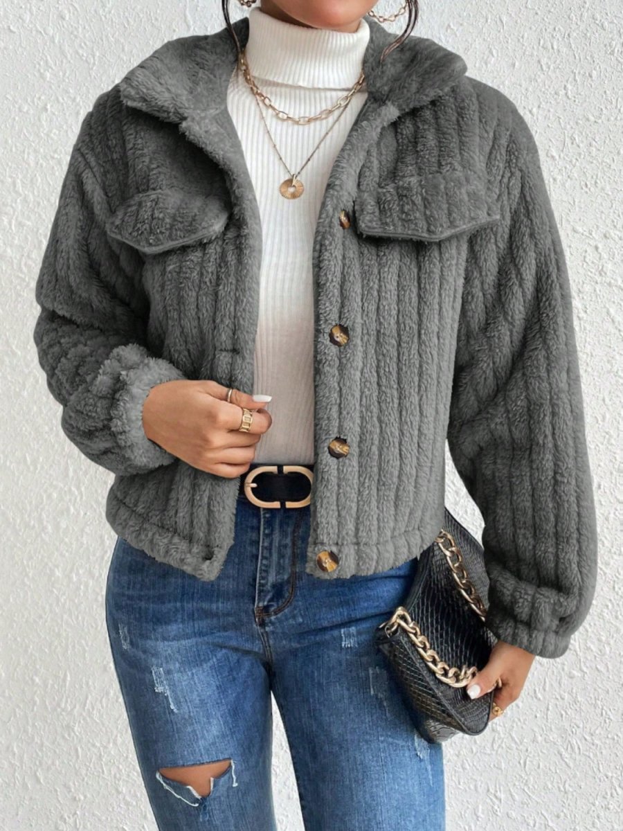 Fuzzy Button Up Collared Neck Jacket - Outerwear