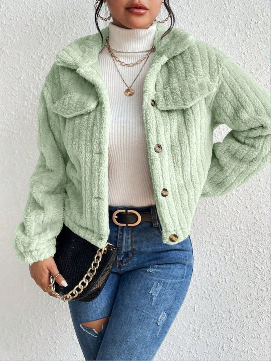 Fuzzy Button Up Collared Neck Jacket - Outerwear