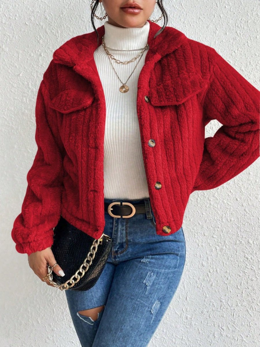 Fuzzy Button Up Collared Neck Jacket - Outerwear