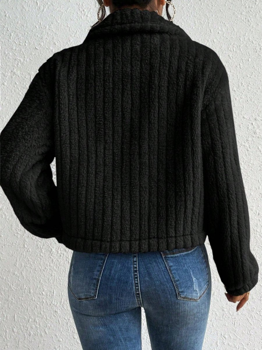 Fuzzy Button Up Collared Neck Jacket - Outerwear