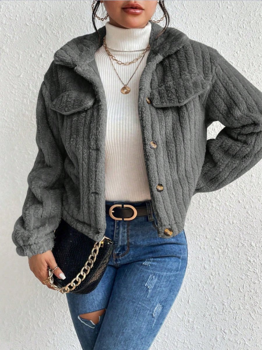 Fuzzy Button Up Collared Neck Jacket - Outerwear