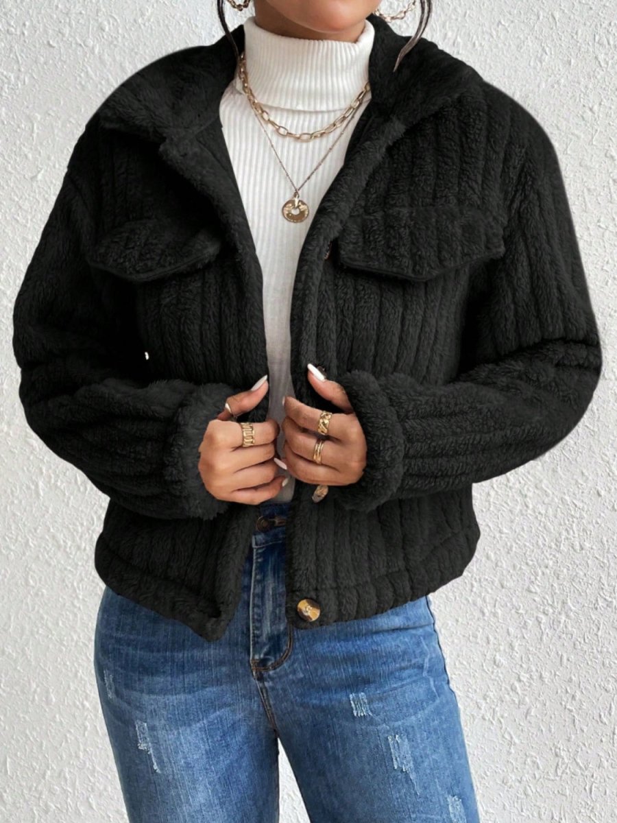 Fuzzy Button Up Collared Neck Jacket - Outerwear