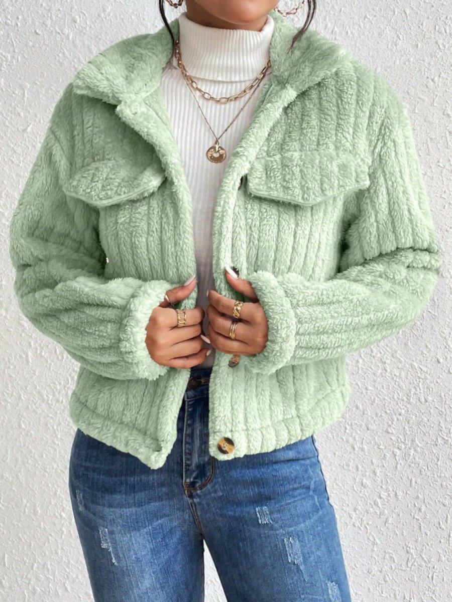 Fuzzy Button Up Collared Neck Jacket - Outerwear