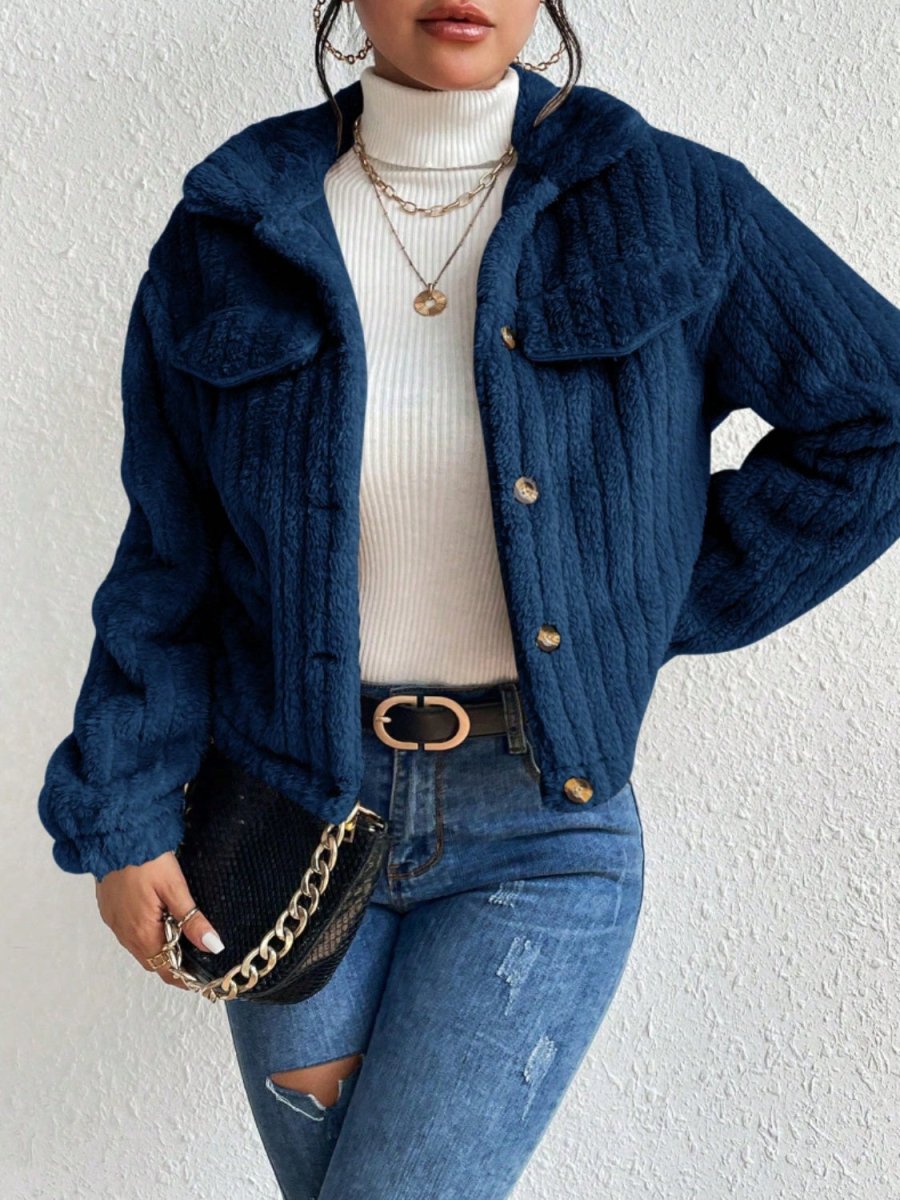 Fuzzy Button Up Collared Neck Jacket - Outerwear