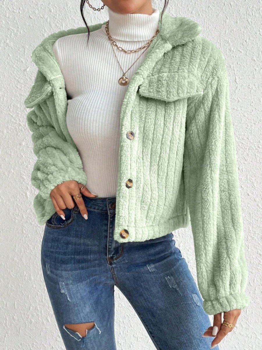 Fuzzy Button Up Collared Neck Jacket - Outerwear