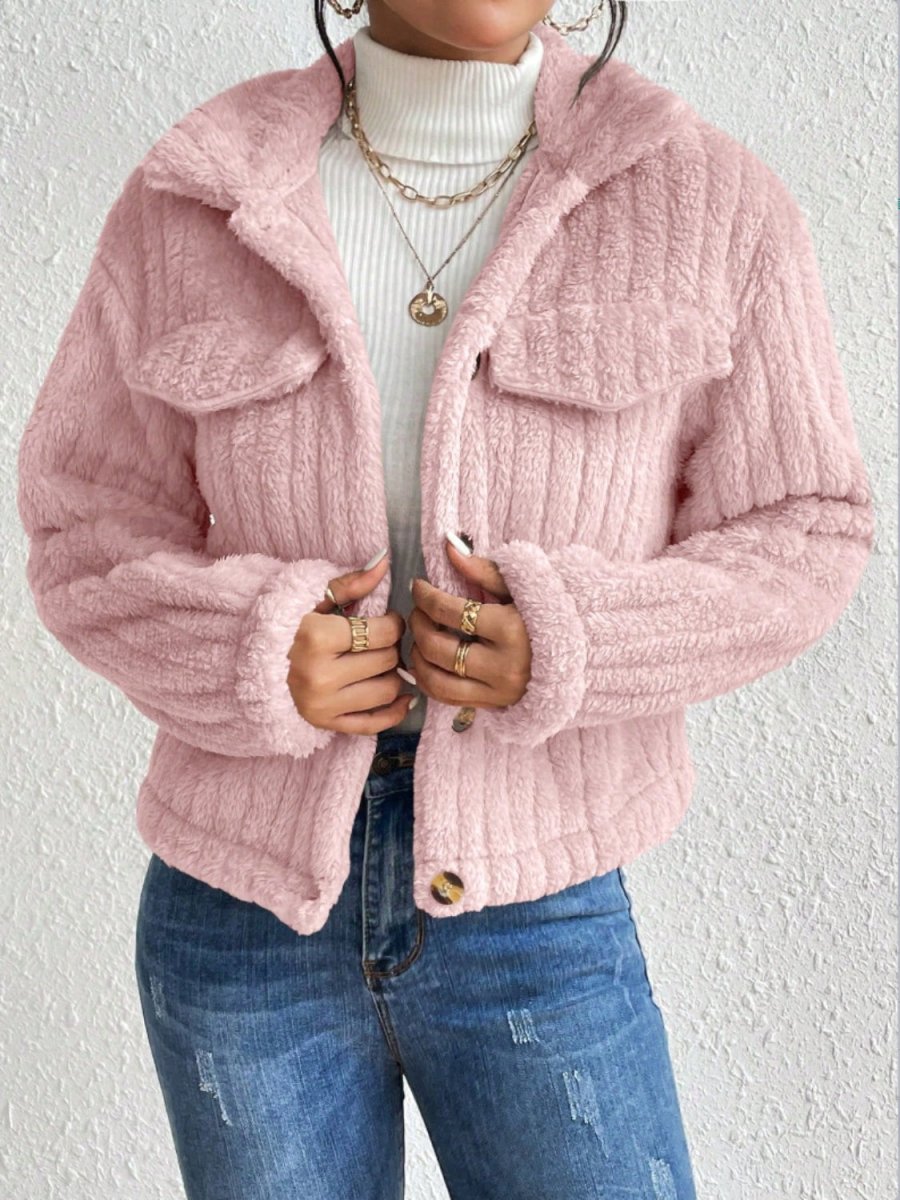 Fuzzy Button Up Collared Neck Jacket - Outerwear