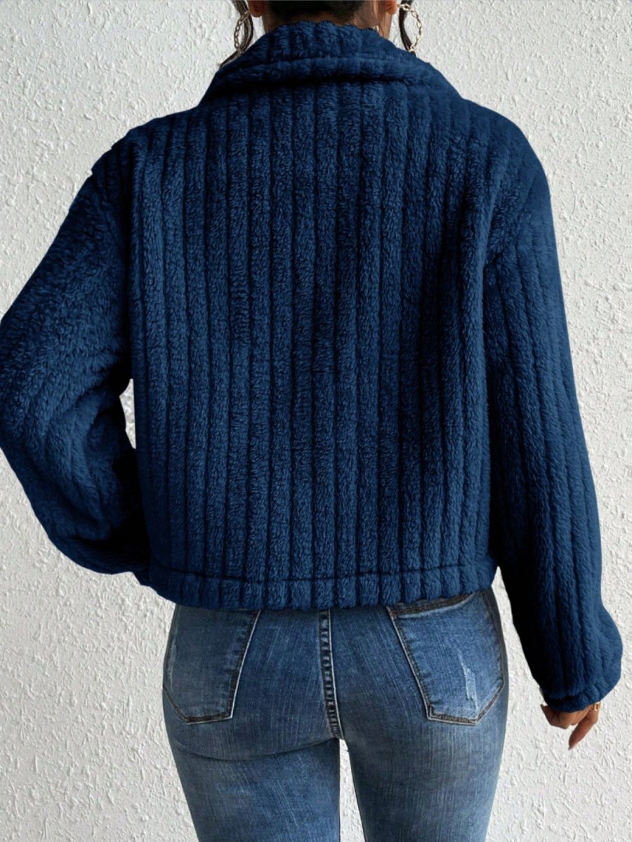 Fuzzy Button Up Collared Neck Jacket - Outerwear