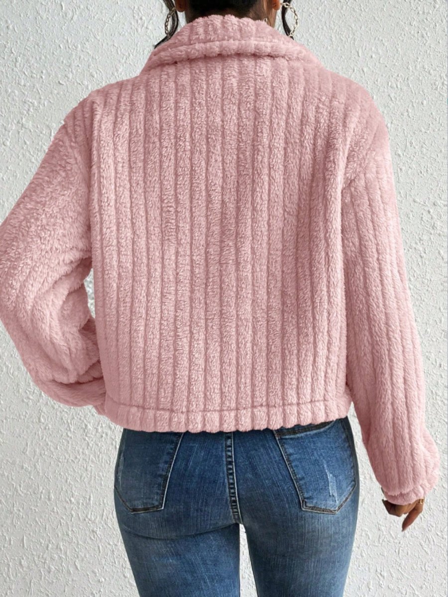 Fuzzy Button Up Collared Neck Jacket - Outerwear