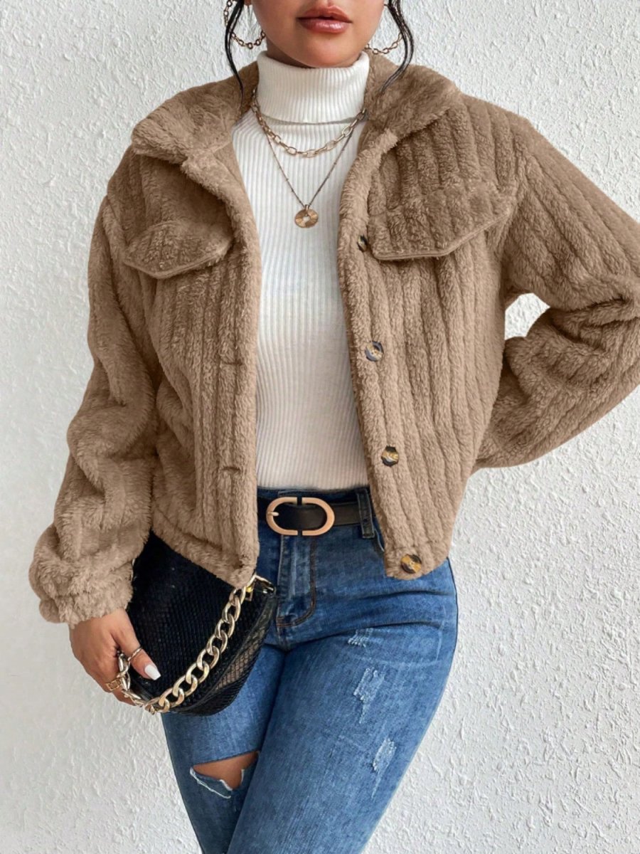 Fuzzy Button Up Collared Neck Jacket - Outerwear