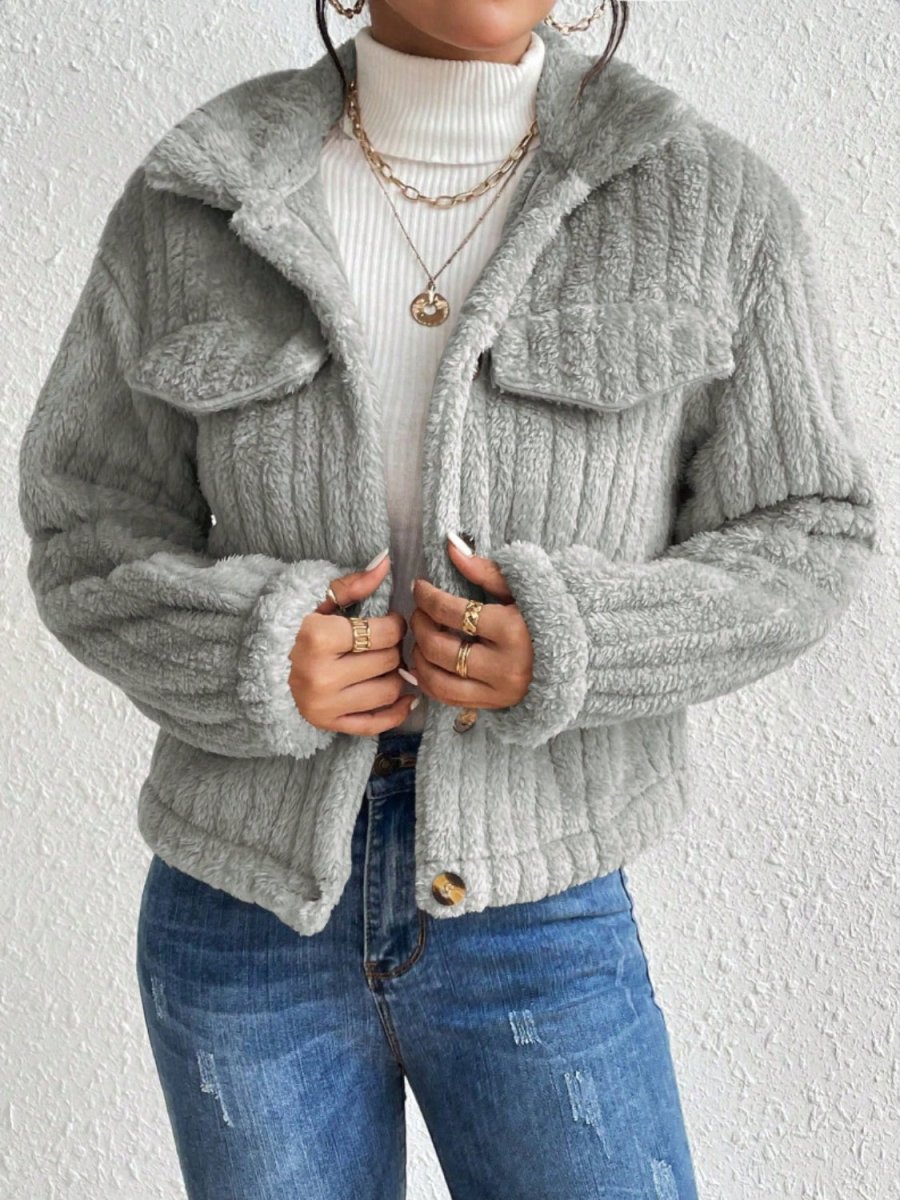 Fuzzy Button Up Collared Neck Jacket - Outerwear