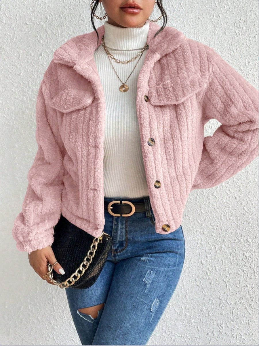 Fuzzy Button Up Collared Neck Jacket - Outerwear