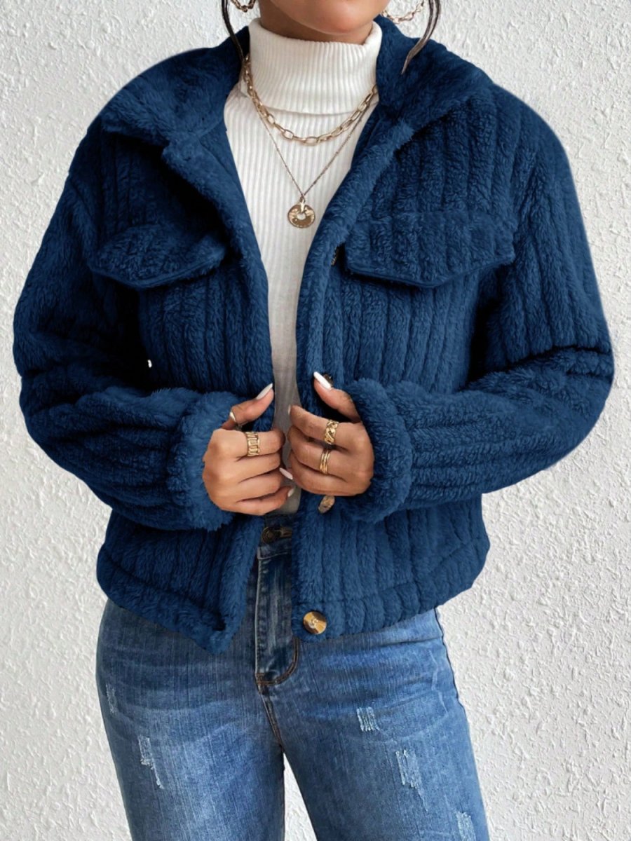Fuzzy Button Up Collared Neck Jacket - Outerwear