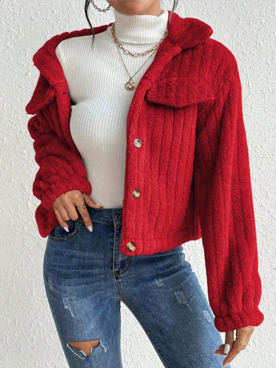 Fuzzy Button Up Collared Neck Jacket - Outerwear