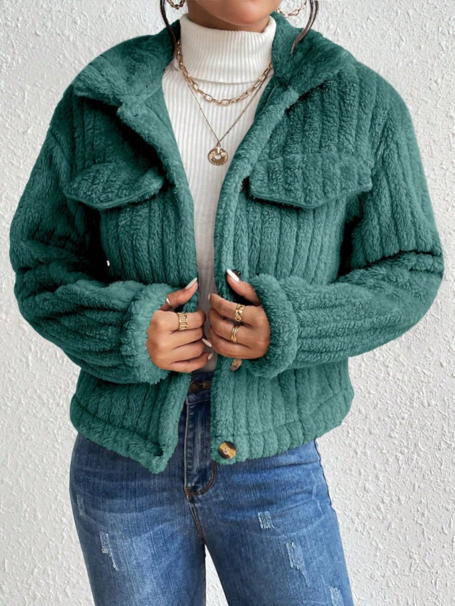 Fuzzy Button Up Collared Neck Jacket - Outerwear